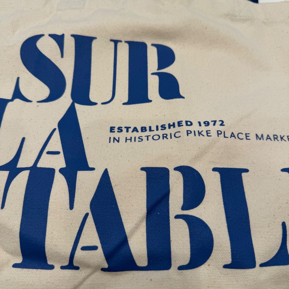 Sur La Table Shopper Tote Canvas Bag Pike Place Market Cream Blue NWT - Picture 9 of 11